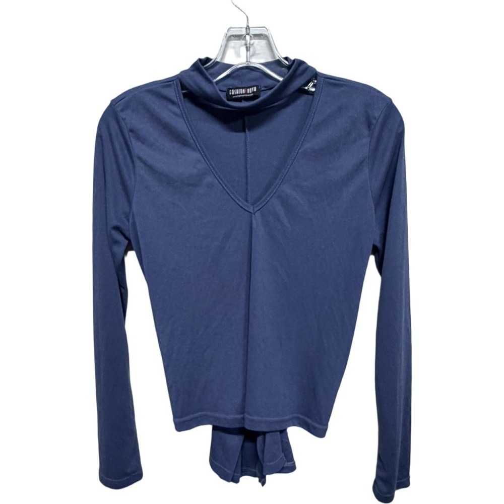 Blue Ribbed cut Out neck long sleeve tie back shirt size small Fashion Novs